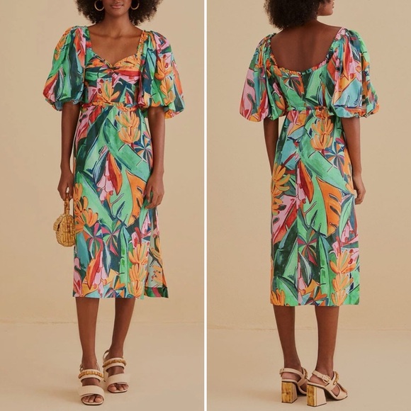 FARM Rio Banana Foliage Multicolor Puffed Sleeve Midi Dress XS NWT - Picture 14 of 16